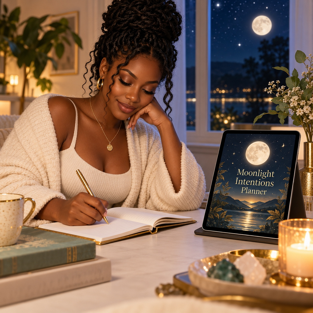 Moonlight Intentions Planner writing scene