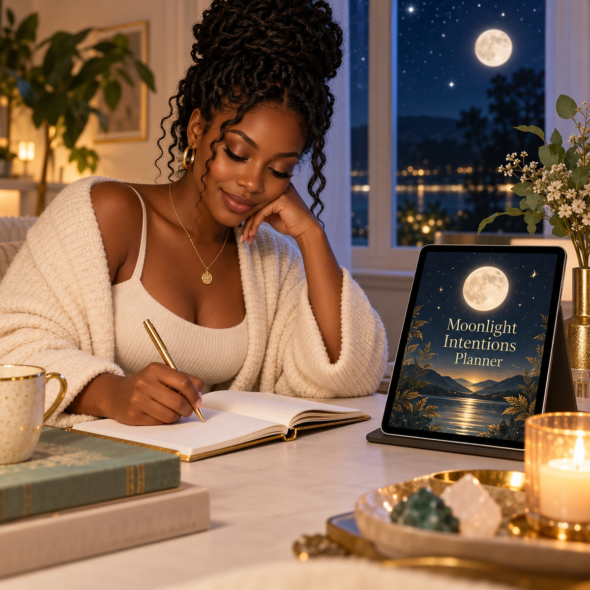 Moonlight Intentions Planner writing scene